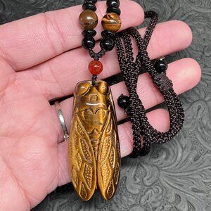 Carved Tigers Eye Cicada Necklace (3)